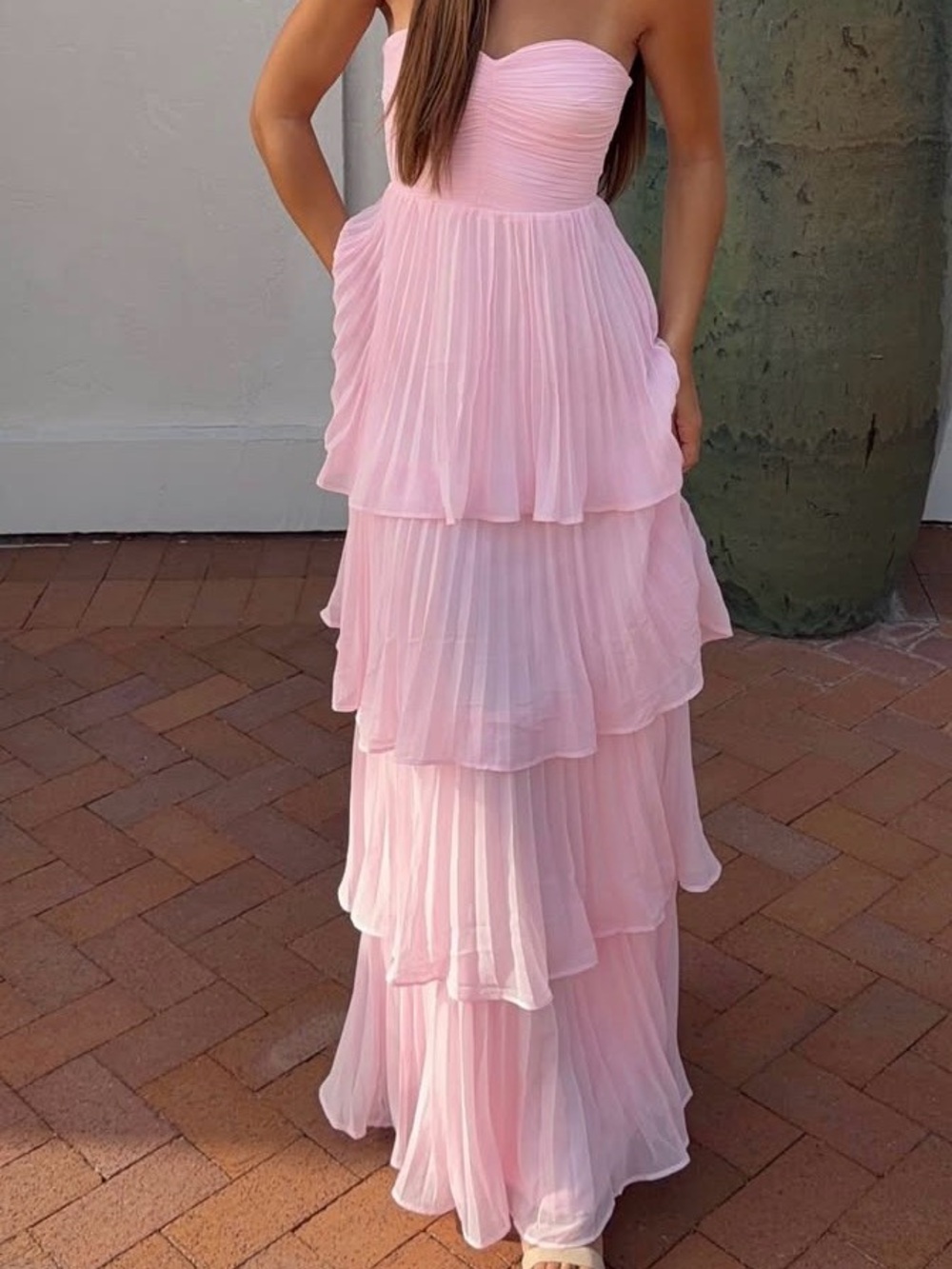 Lulu's Blush Pink Strapless Tiered Chiffon Maxi Dress